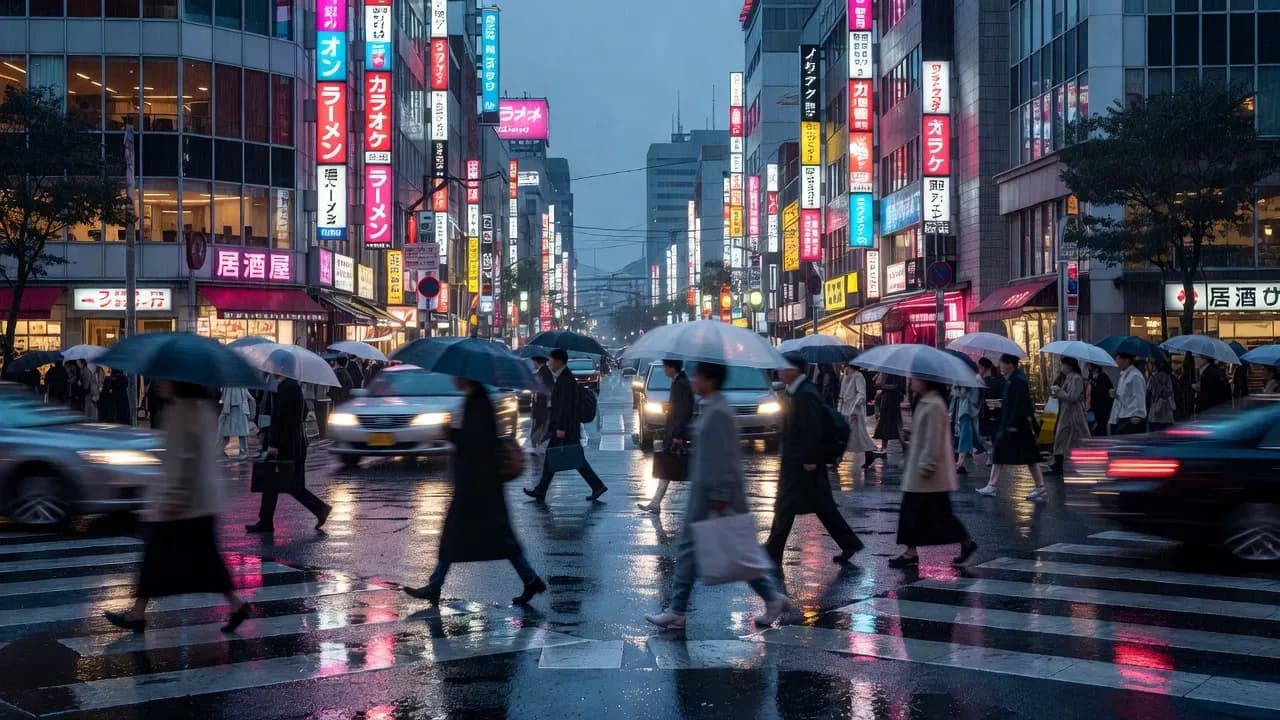 Rain-soaked Tokyo intersection with neon lights and pedestrians, generated with Grok Imagine on Lorka AI.
