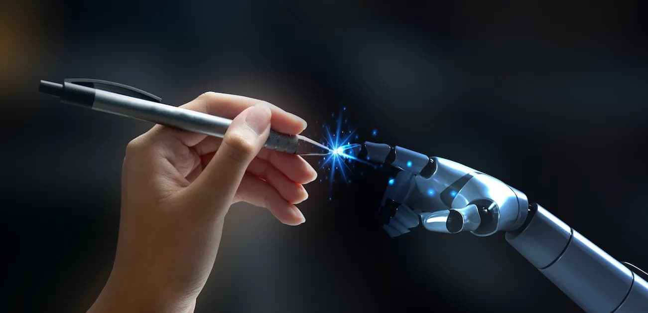 Human hand holding a pen touches a robotic hand, symbolizing AI-assisted writing, human creativity, and collaboration between writers and artificial intelligence.