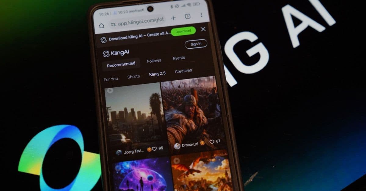 A smartphone displaying the Kling AI website with recommended AI-generated videos, placed in front of a screen showing the Kling AI logo.