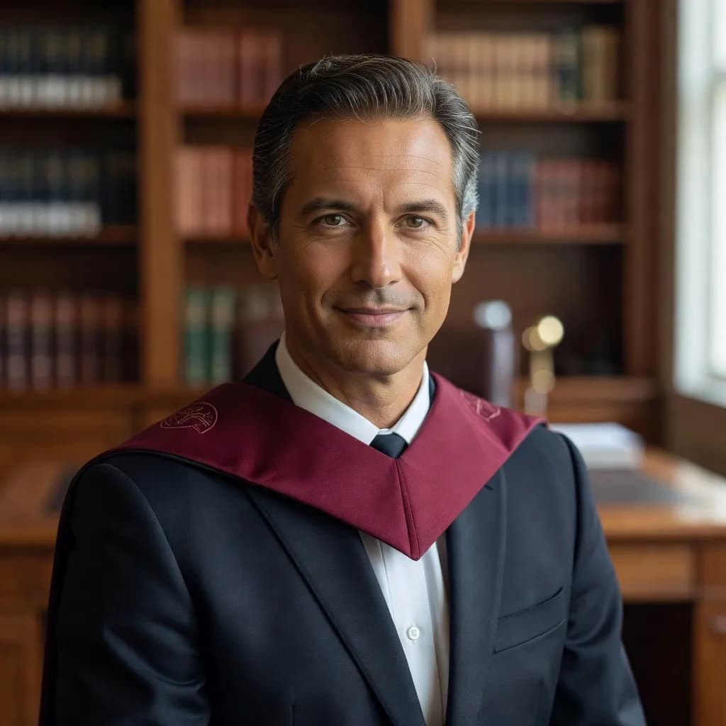 Professional academic LinkedIn portrait of a professor in formal attire with a blurred library background.