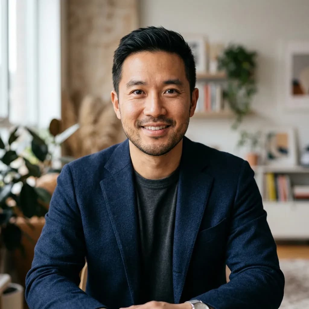 Creative director LinkedIn portrait with modern studio lighting and a relaxed professional expression.