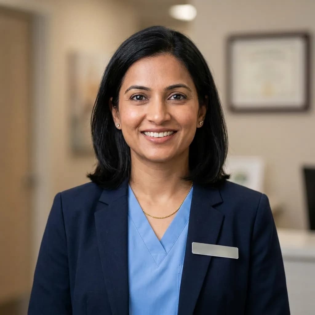 Professional healthcare LinkedIn headshot of a smiling woman in medical attire with a clean neutral background.