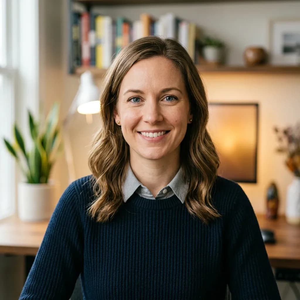 Professional LinkedIn portrait of a remote worker smiling in a softly lit home office environment.