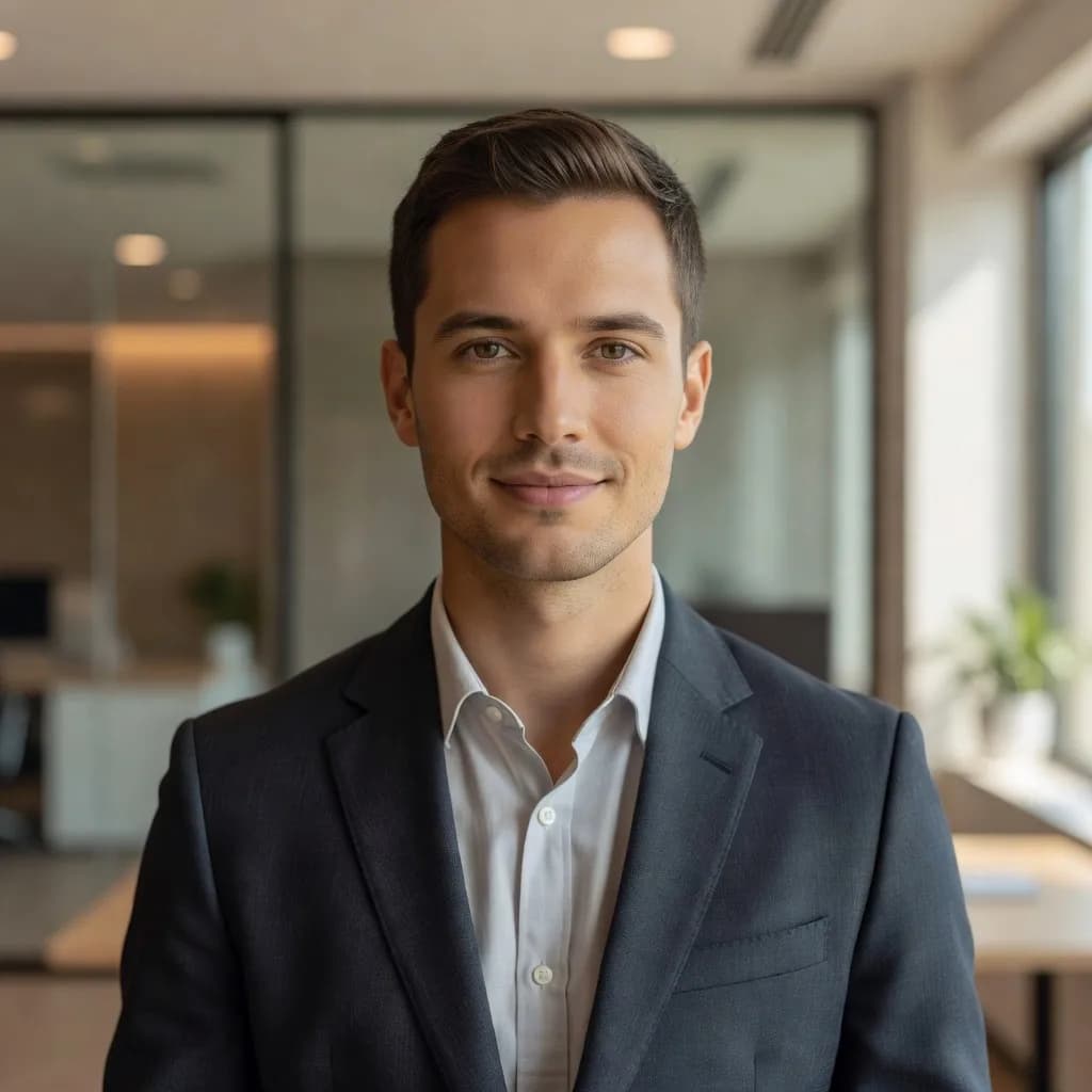 Professional LinkedIn headshot of a startup founder in a modern office with soft natural lighting and a confident approachable expression.