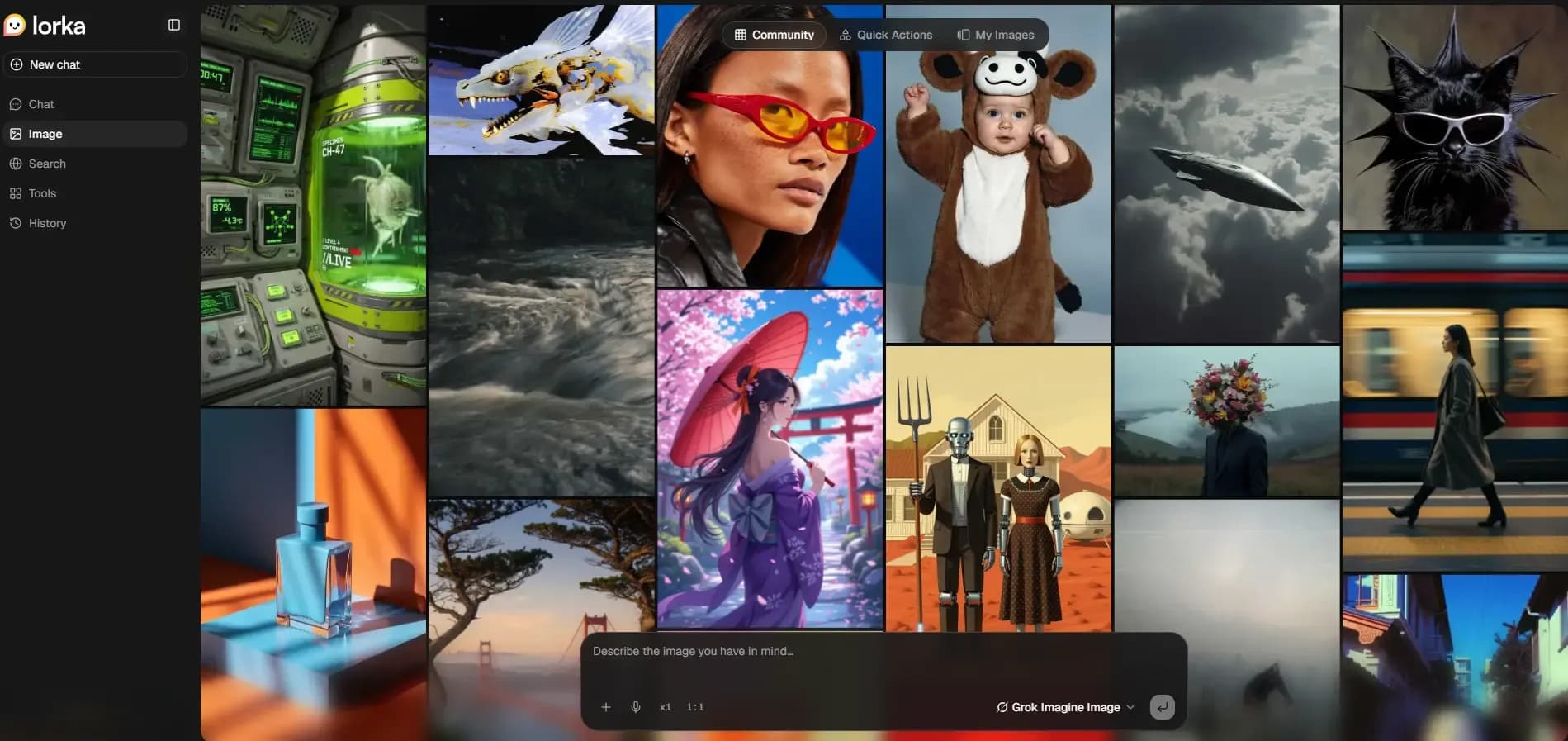 Lorka AI image generator dashboard with a gallery of AI-generated images and model selection controls.