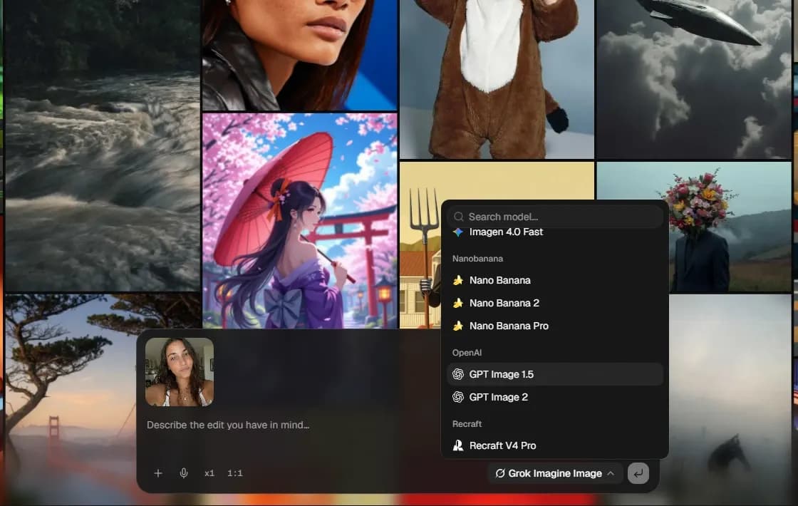 Lorka AI interface showing an uploaded selfie and model dropdown with GPT Image and Nano Banana options.