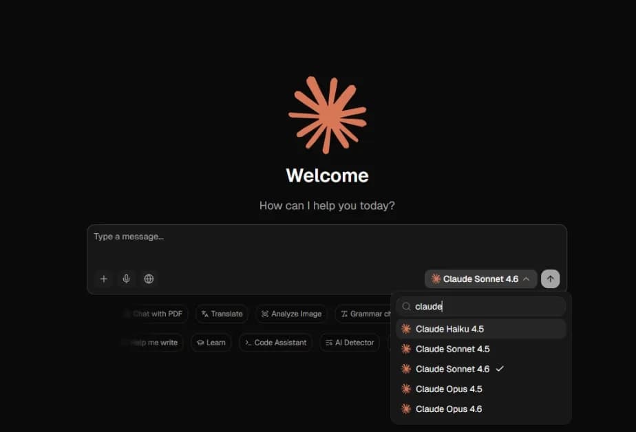 Lorka.ai interface showing Claude AI model selection between Sonnet 4.6 and Opus 4.6 in a chat application.