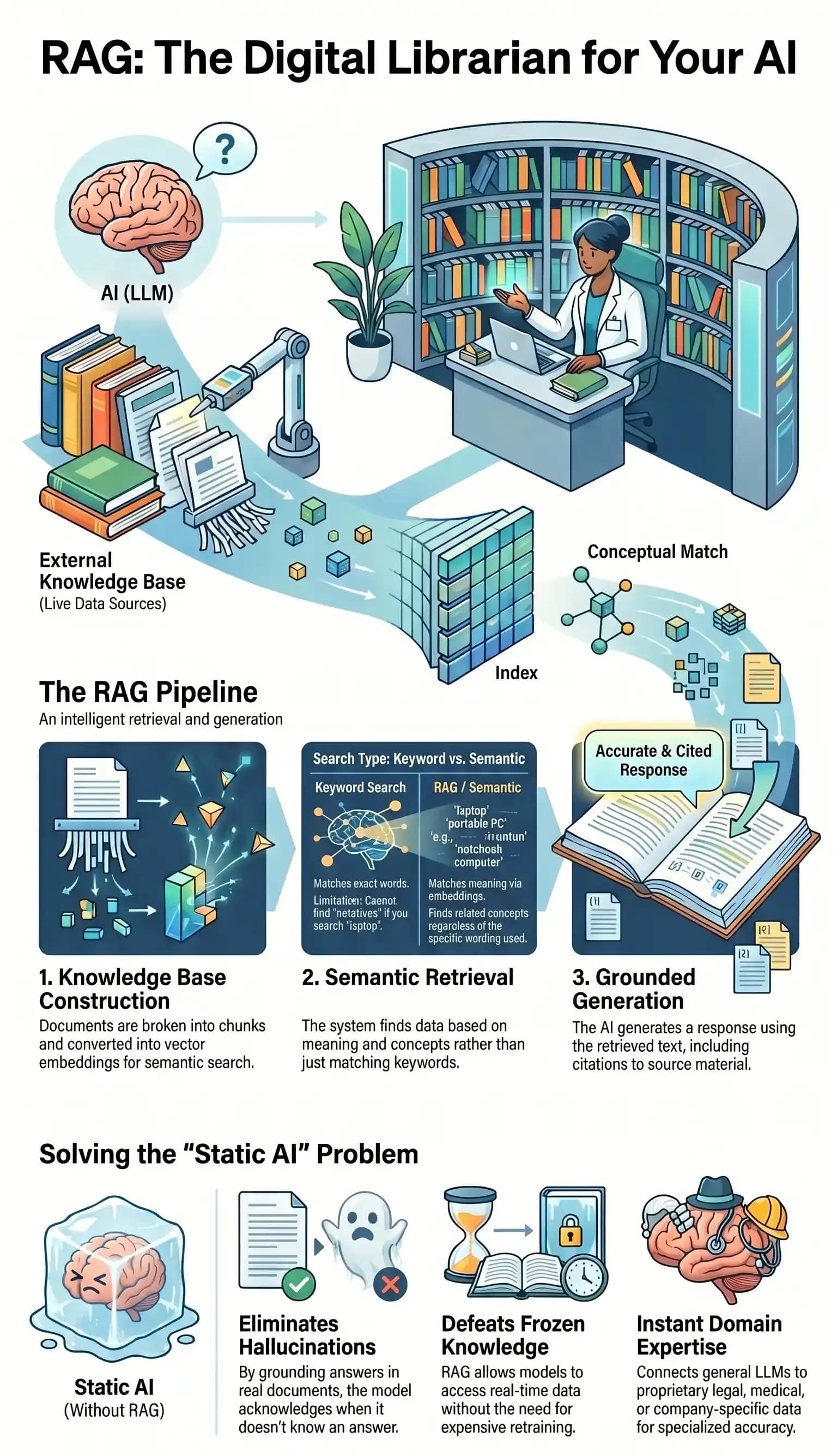 Infographic explaining how Retrieval-Augmented Generation works as a digital librarian for AI.