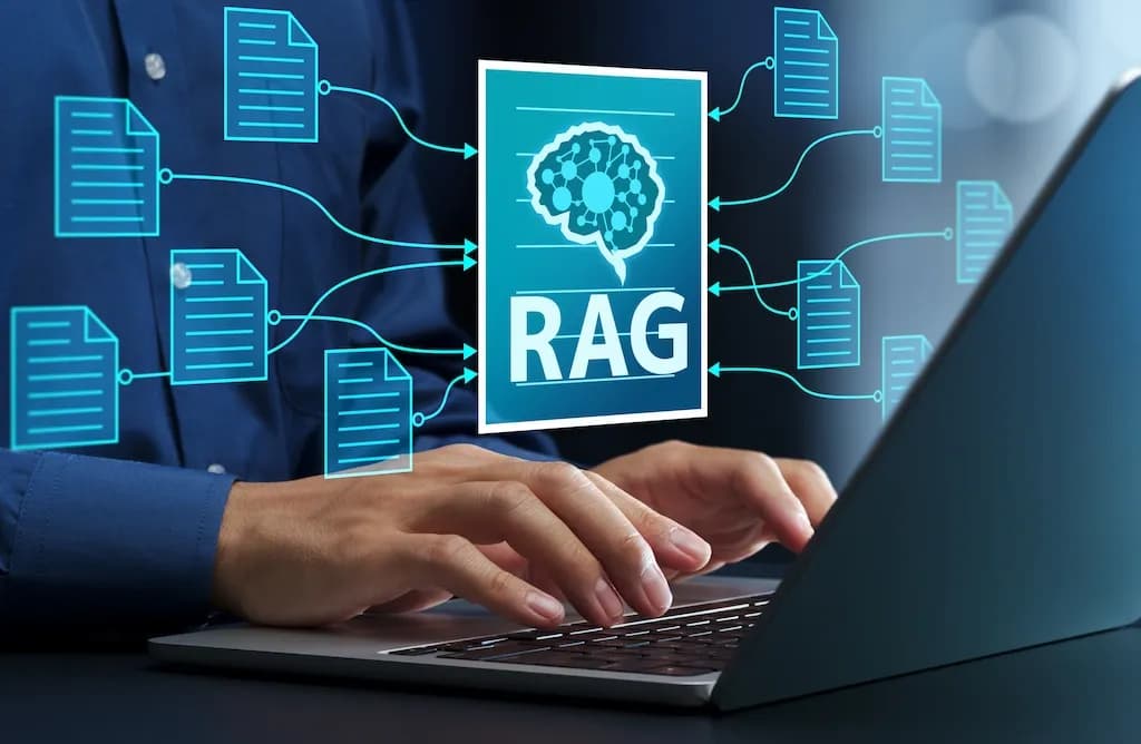 Diagram-style image showing Retrieval-Augmented Generation connecting AI to external documents on a laptop.