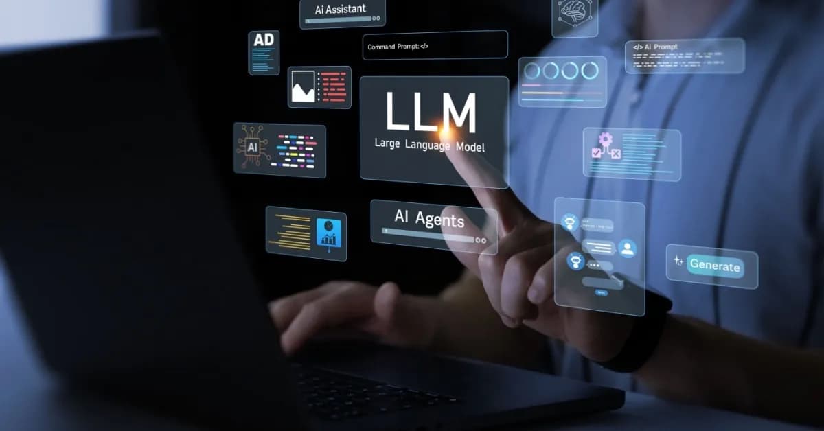 Person interacting with a digital interface labeled “LLM – Large Language Model” with AI assistant, AI agents, and prompt-based tools displayed on screen.