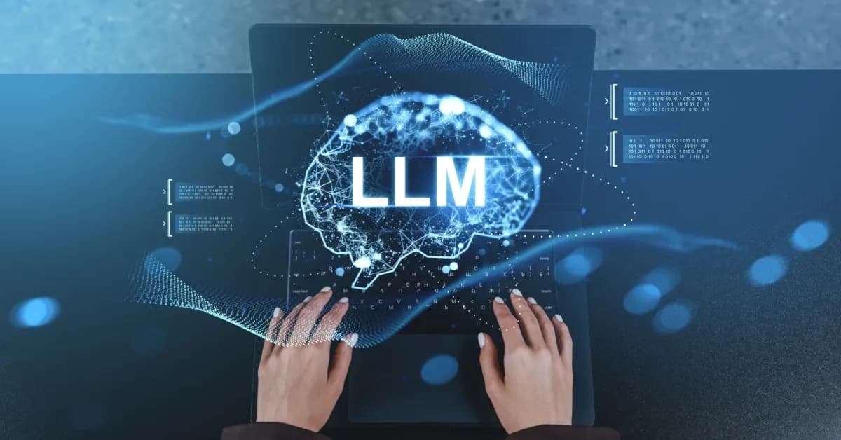 Large Language Model (LLM) visualization displayed as a digital brain interface above a keyboard, representing AI neural networks and data processing.