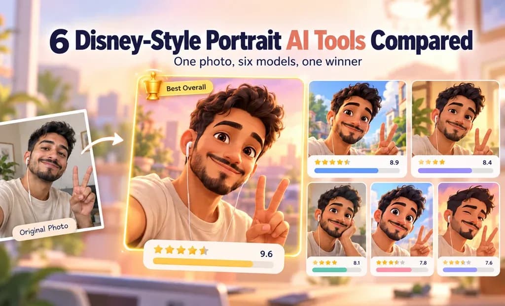 Comparison of six Disney-style AI portrait tools, showing one original photo and six animated portrait variations with one highlighted as the best result.