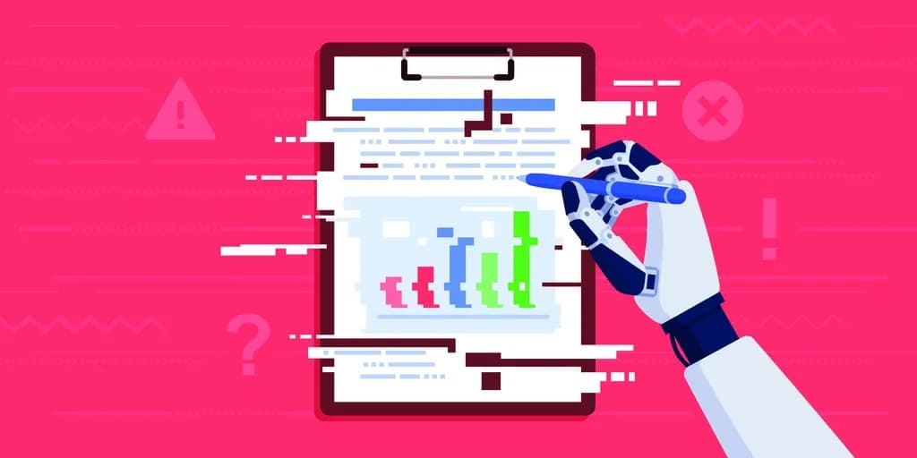 Illustration of a robotic hand writing on a digital document with distorted code symbols, warning icons, and error marks, representing AI hallucinations in generated content or code.