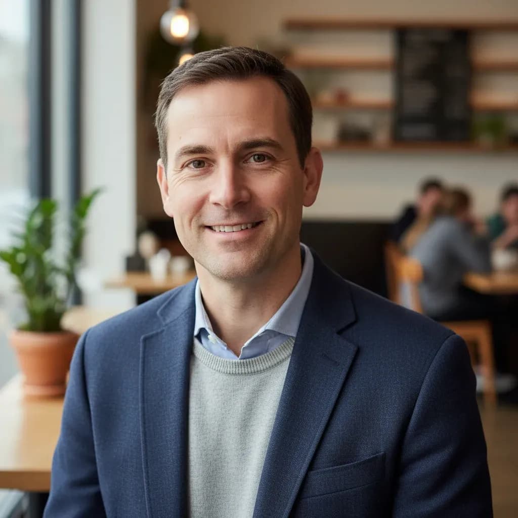Professional headshot of a smiling man in a blazer sitting in a coffee shop, with warm lighting and a softly blurred background.