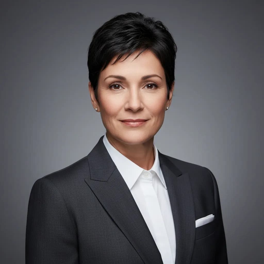 Professional studio headshot of a businesswoman wearing a dark suit and white shirt, with a neutral gray background and soft lighting.