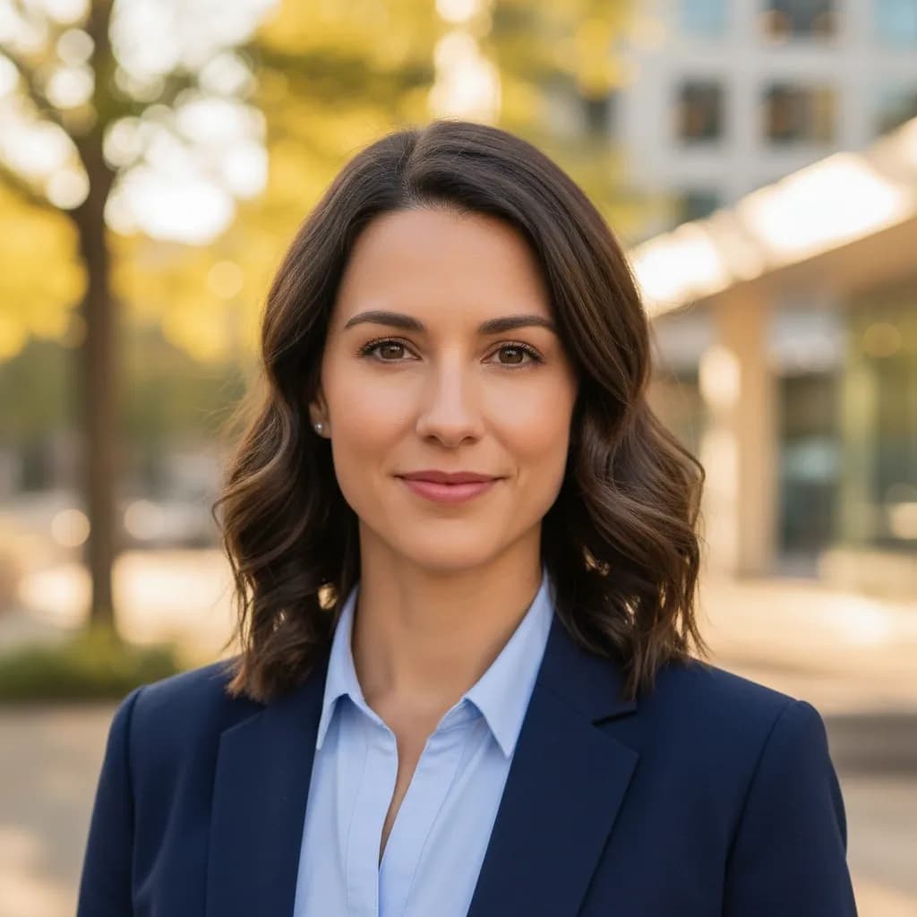 Outdoor LinkedIn headshot of a woman in a blazer, smiling slightly with a blurred background of trees and buildings in warm natural light.