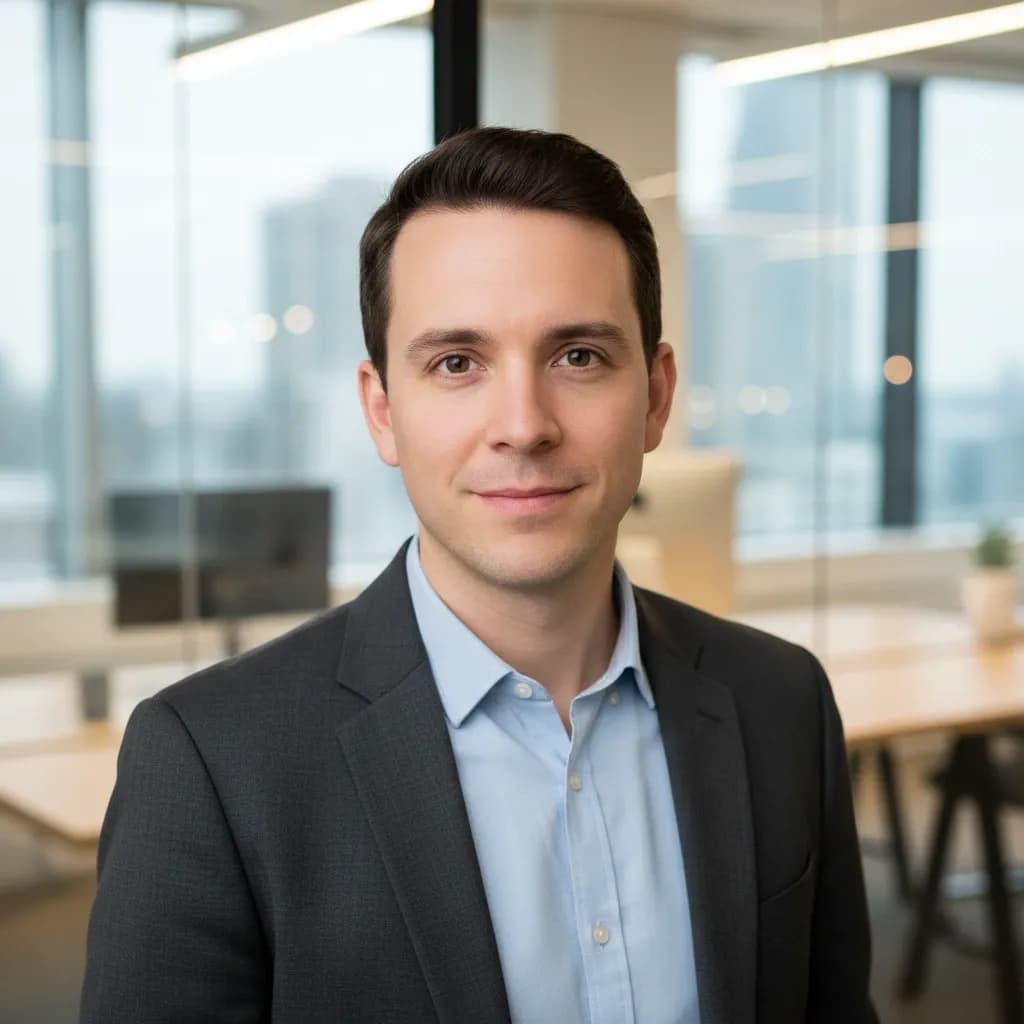 Professional headshot of a man in a blazer and open-collar shirt, looking at the camera in a modern office with a softly blurred background.