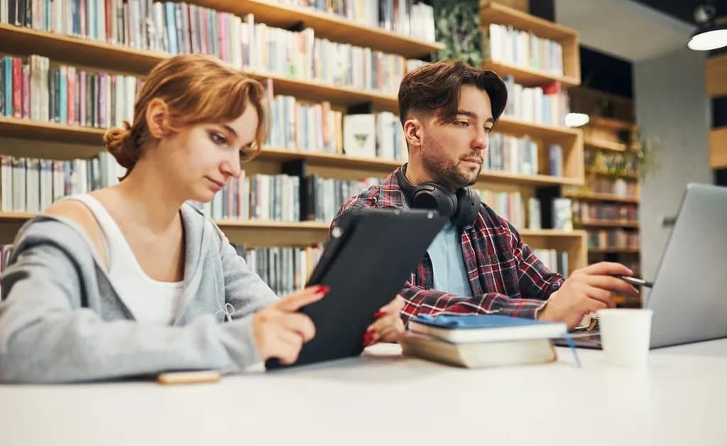 Students using AI tools for studying with a tablet and laptop in a library.
