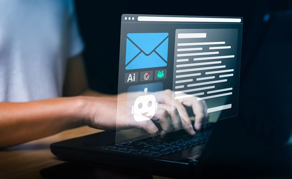 Person using AI email writing software to generate professional emails and outreach messages with ChatGPT prompts.