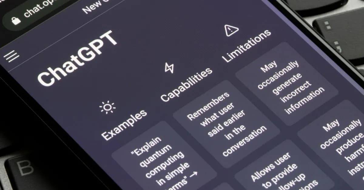 Close-up of the ChatGPT interface on a device screen showing examples, capabilities, and limitations sections.