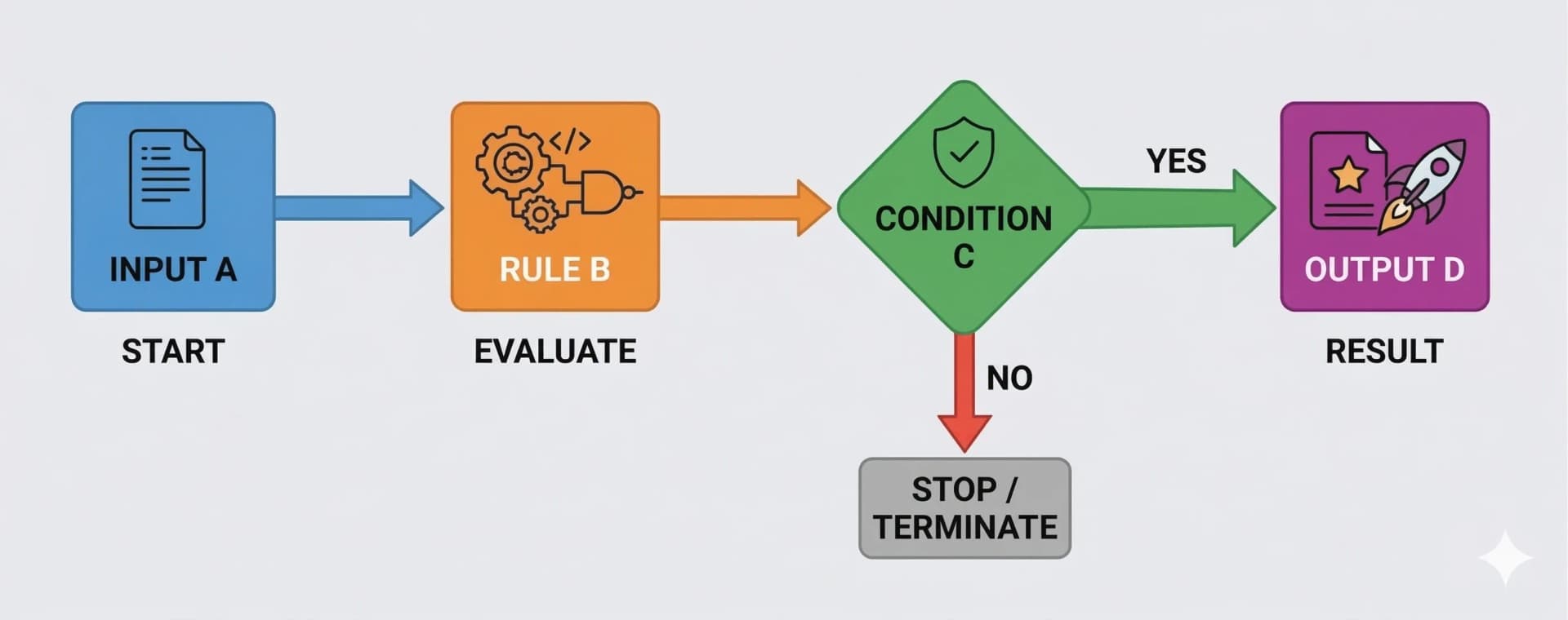 Flowchart showing deterministic AI process with input, rule evaluation, condition check, and output