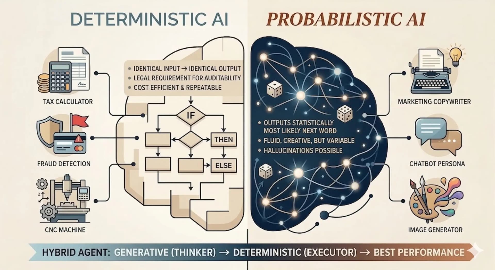 Diagram comparing deterministic AI and probabilistic AI with examples and characteristics