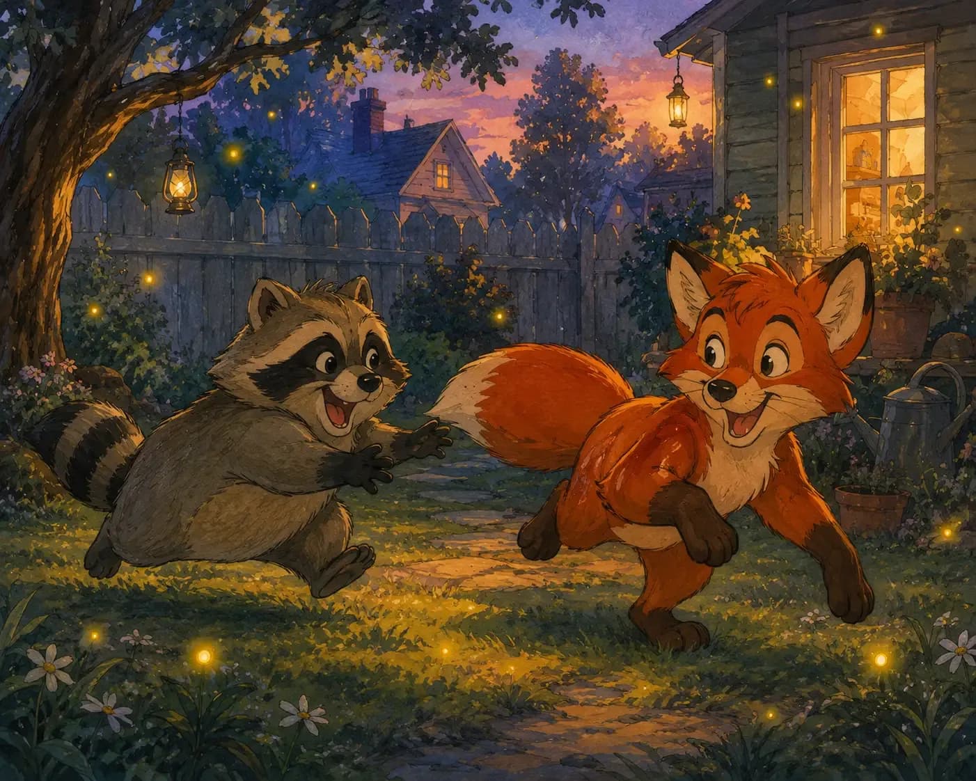 Playful raccoon and fox chasing each other in a peaceful backyard at dusk in storybook style.