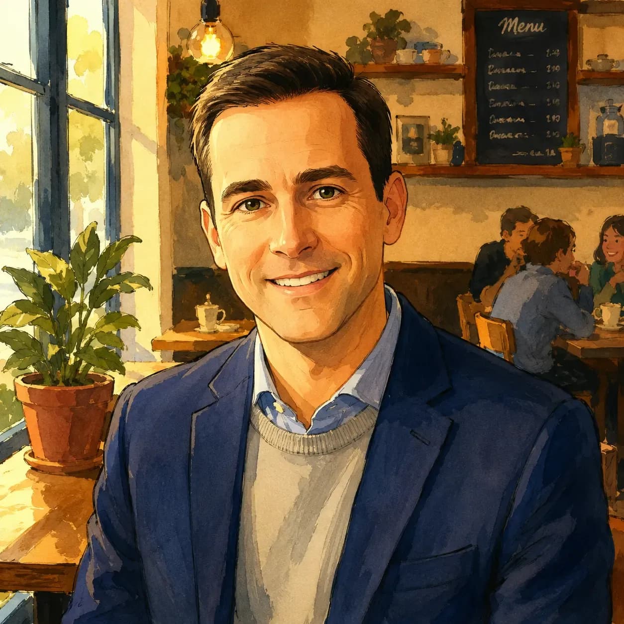 Smiling businessman transformed into a Disney-style character in a cozy café with warm storybook lighting.