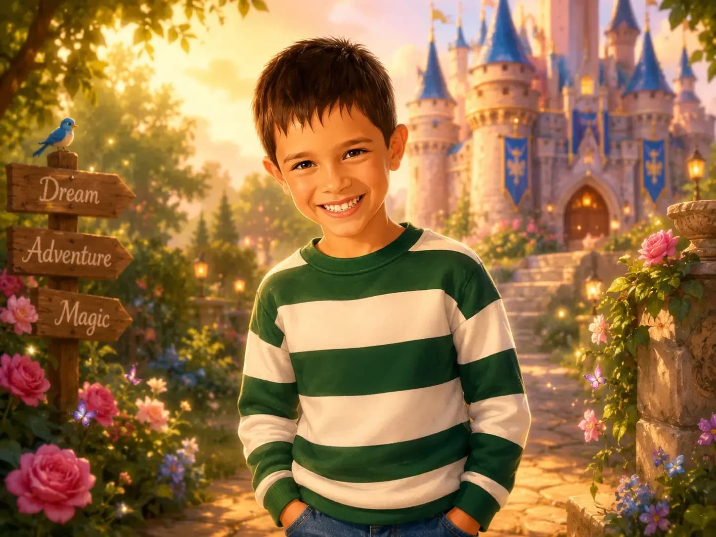 Smiling child illustrated as a Disney-style character standing in an enchanted castle garden.