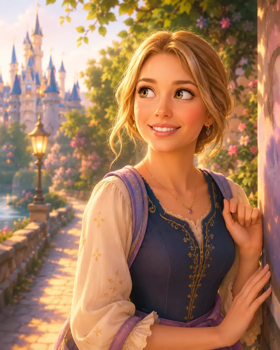 Young woman transformed into a Disney-style character with expressive eyes and whimsical fairy-tale clothing.
