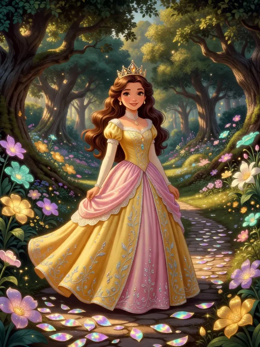 Disney-style princess in a golden and pink gown walking through an enchanted forest filled with colorful flowers.