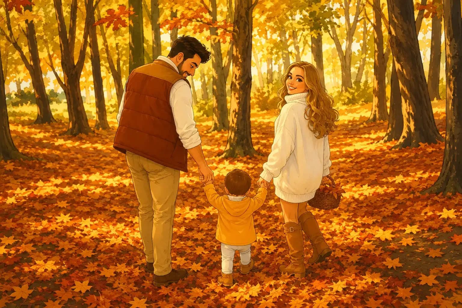 Family walking together through a colorful autumn forest illustrated in Disney storybook style.