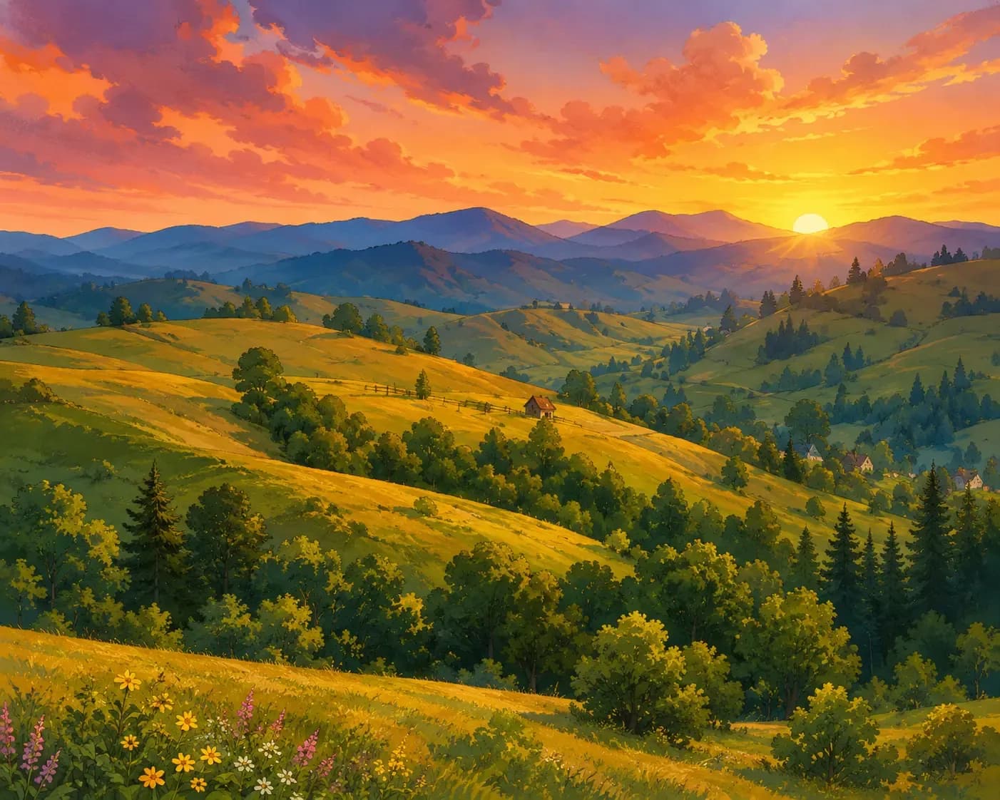 Magical Disney-style landscape with rolling green hills, forests, and a glowing sunset over distant mountains.
