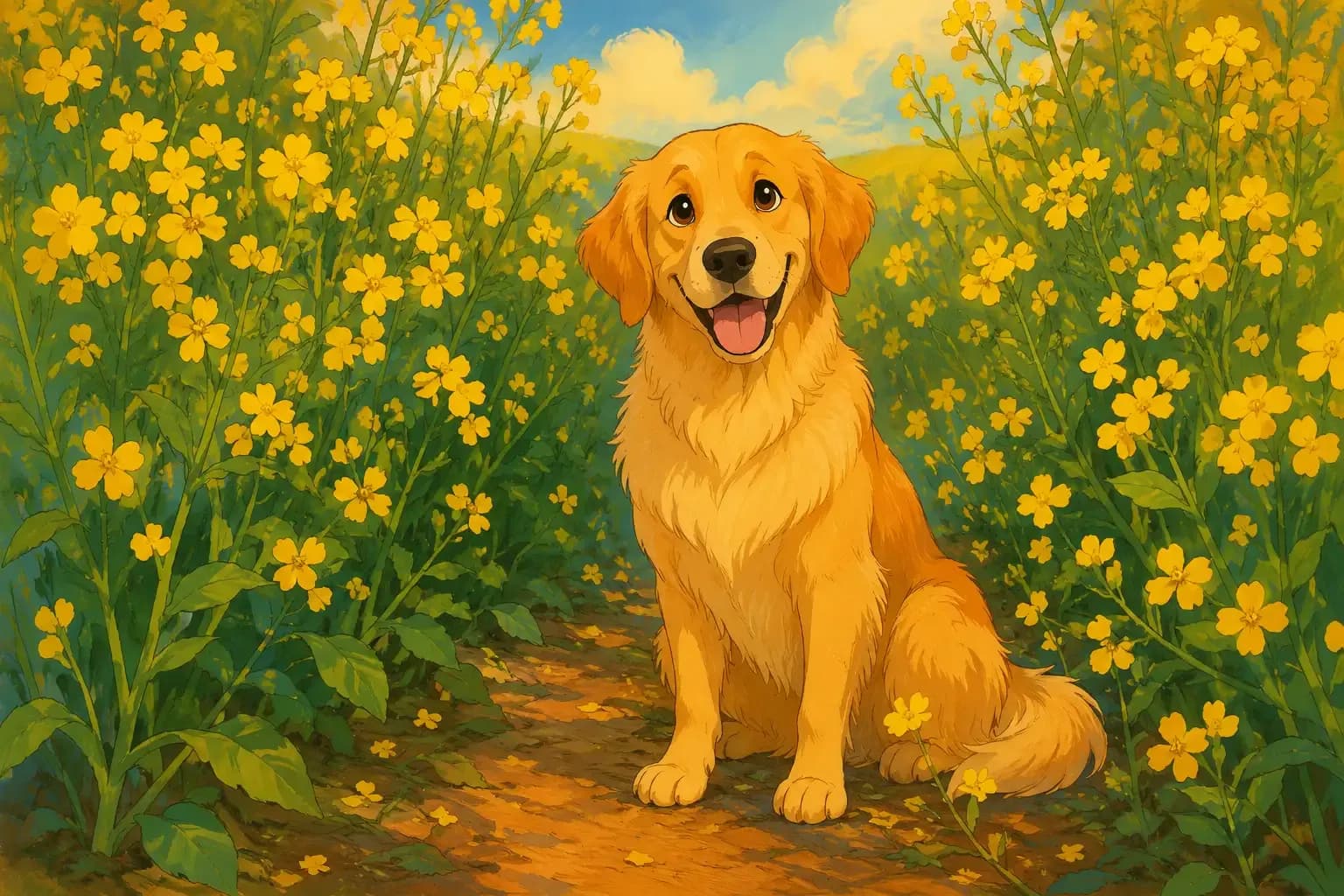 Happy golden retriever illustrated in Disney style sitting among bright yellow wildflowers.