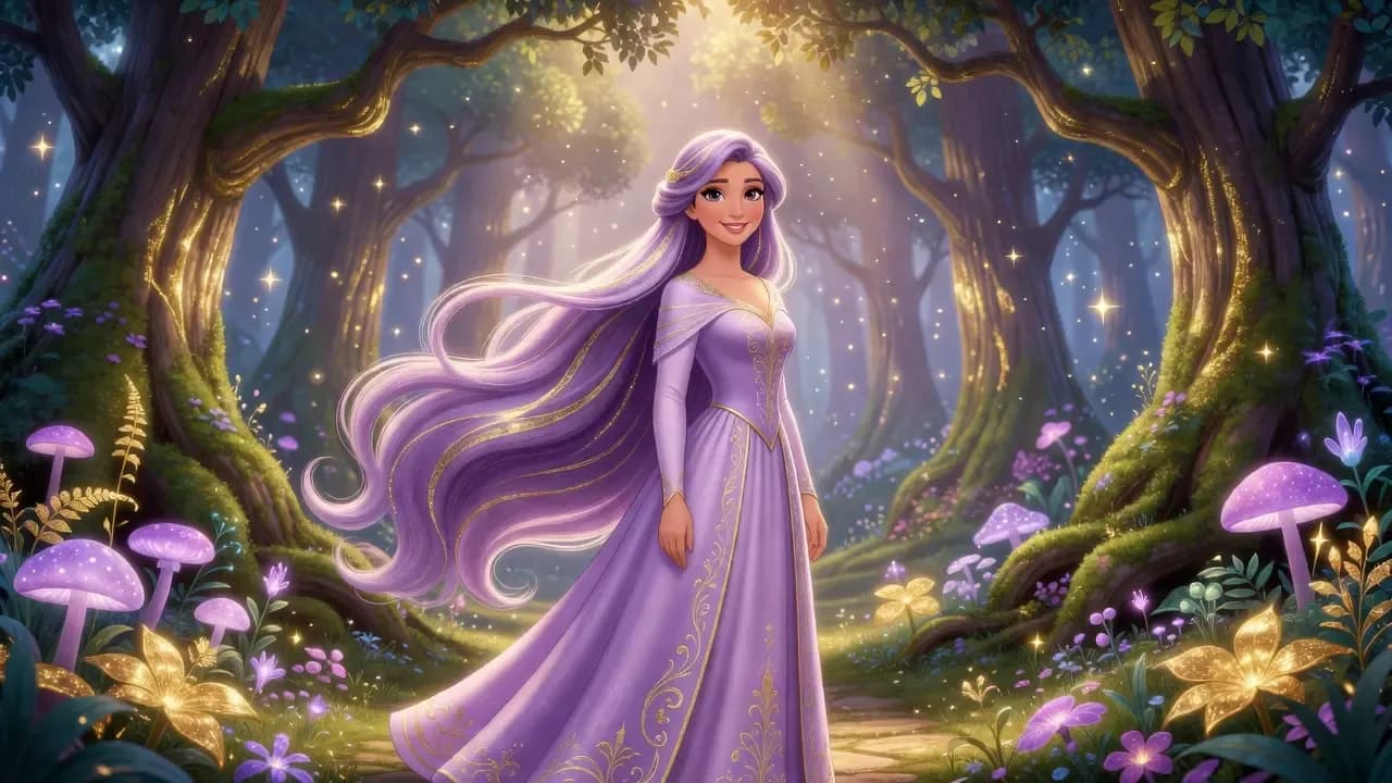 Disney-style princess with flowing lavender hair and a purple gown standing in a magical enchanted forest.
