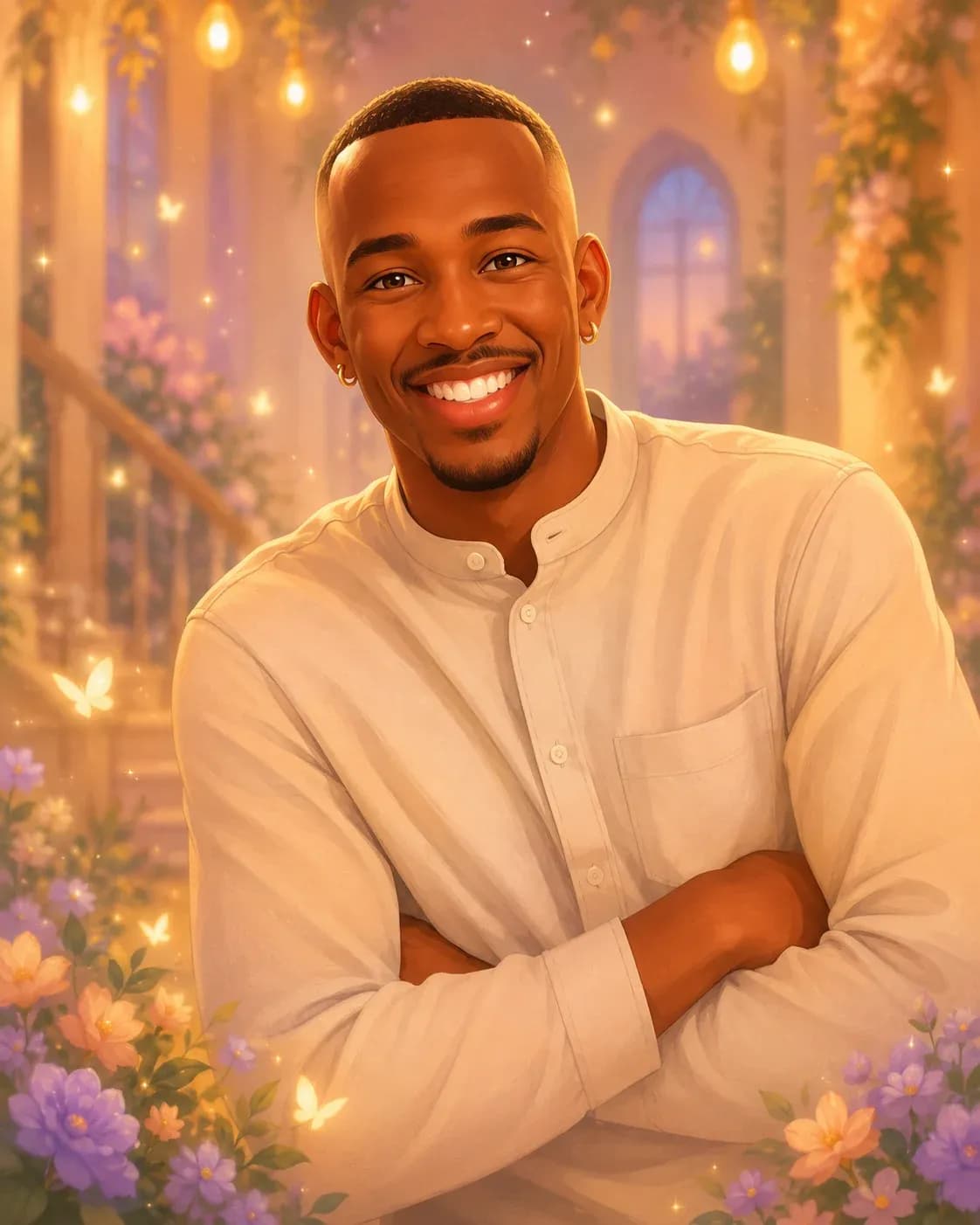 Smiling man illustrated as a Disney-style character with magical flowers and glowing fairy lights.