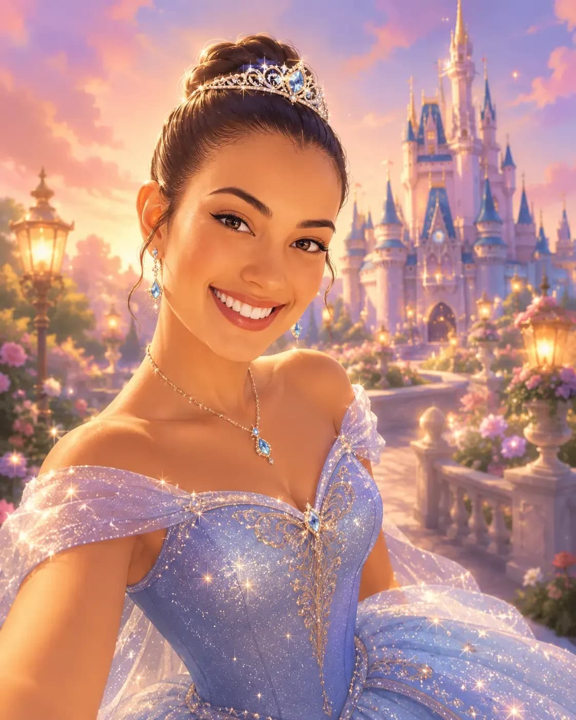 Woman transformed into a Disney-style princess taking a magical selfie in front of an enchanted castle.