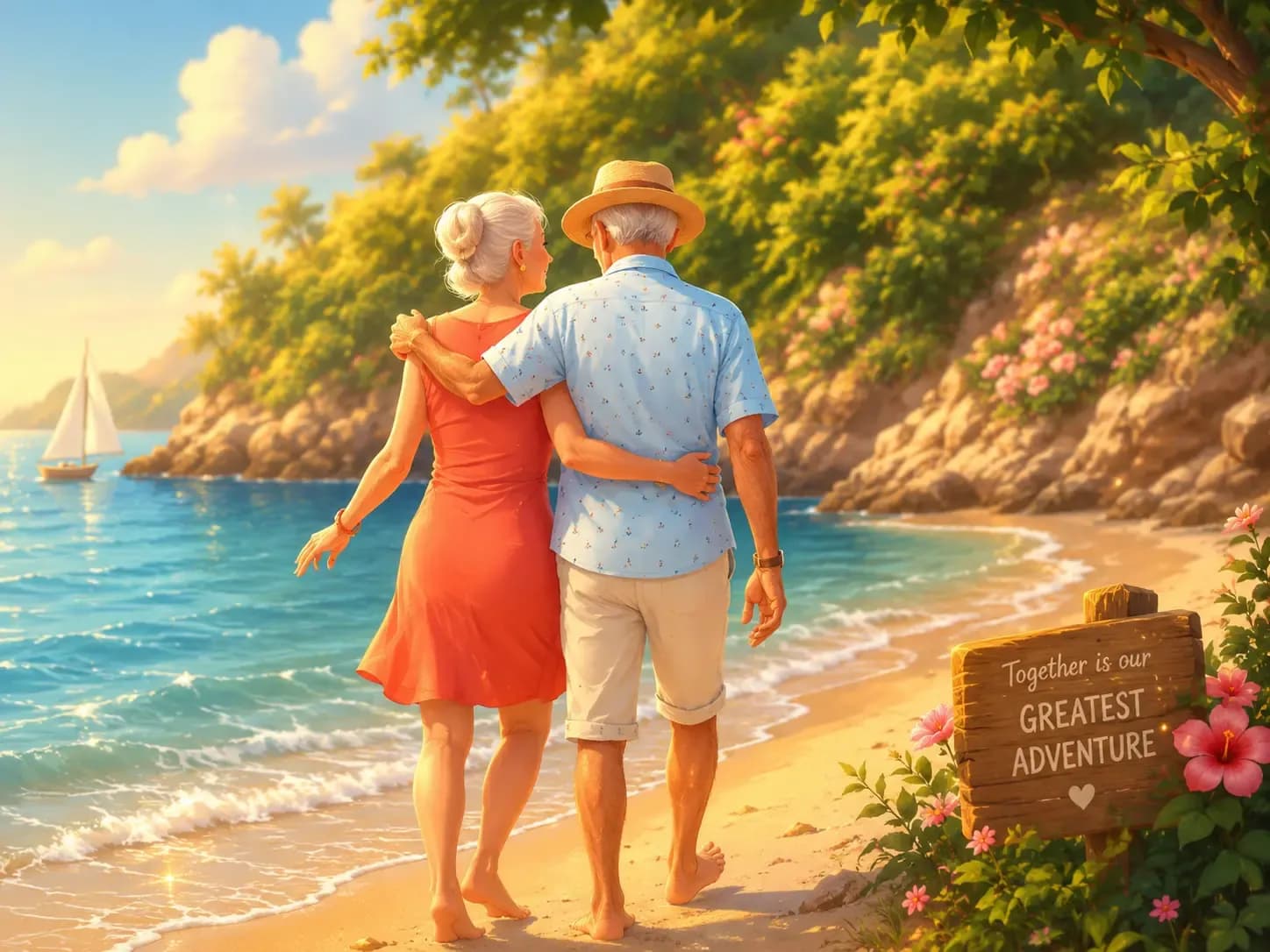 Elderly couple walking hand in hand along a sunny beach in Disney storybook style.
