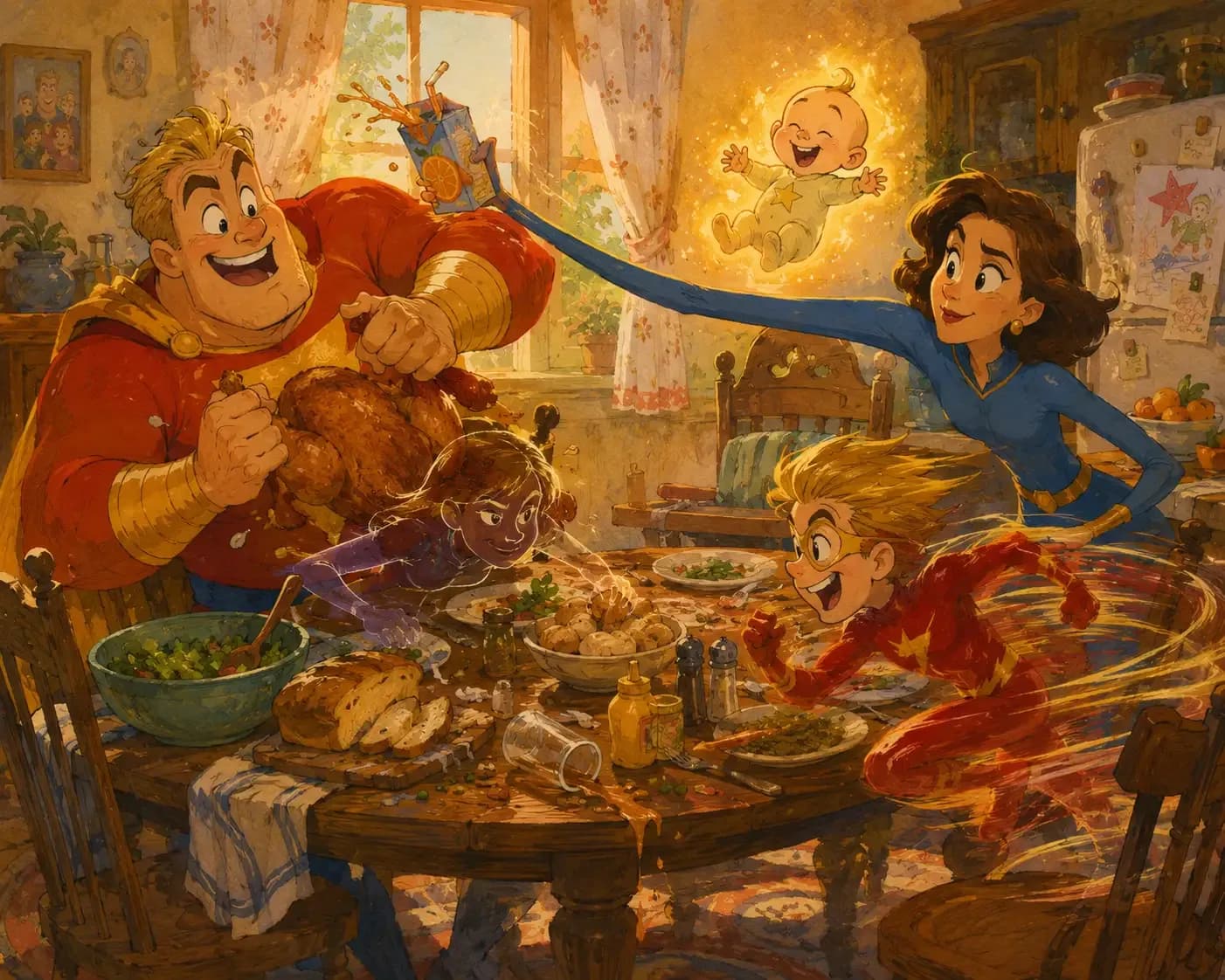Animated superhero family enjoying a chaotic dinner in a cozy kitchen with magical energy.