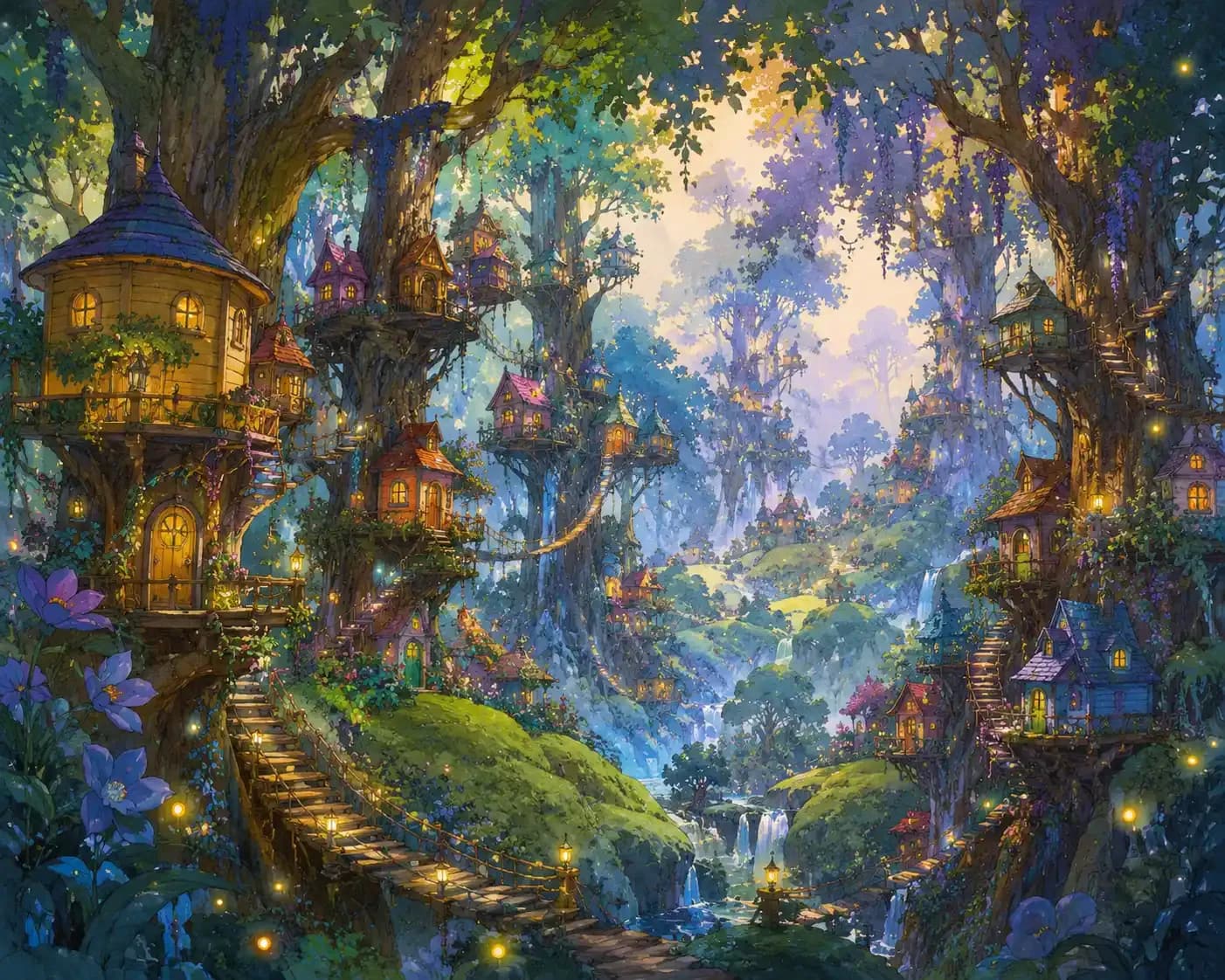Enchanted Disney-style village built entirely of colorful treehouses inside a magical forest.