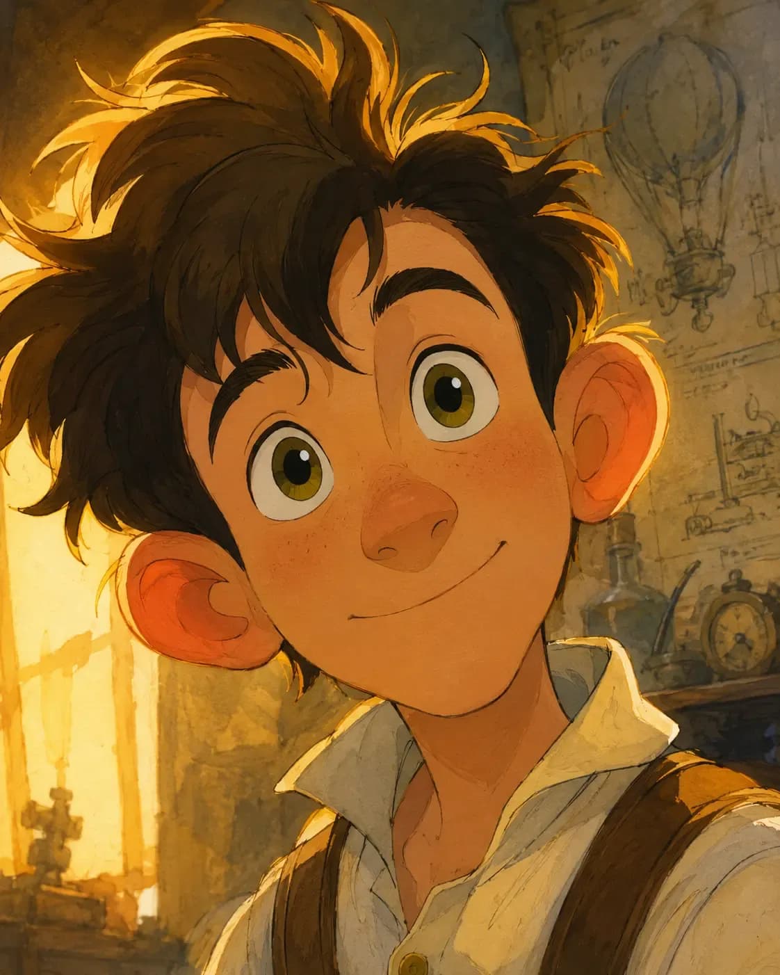 Young inventor with messy hair and expressive eyes illustrated in Disney storybook style.