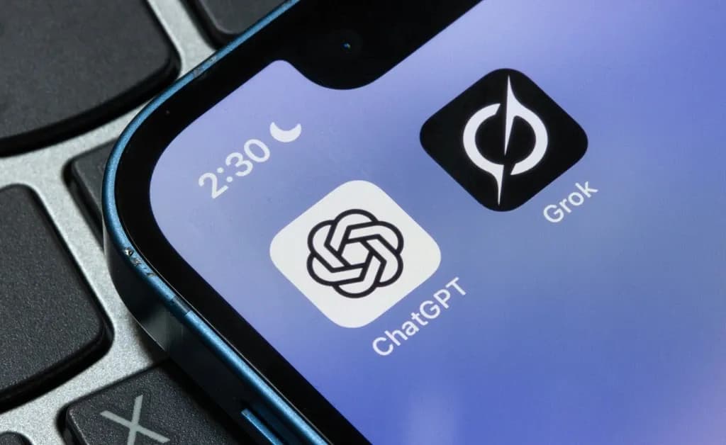 ChatGPT and Grok app icons on a smartphone for a 2026 AI comparison