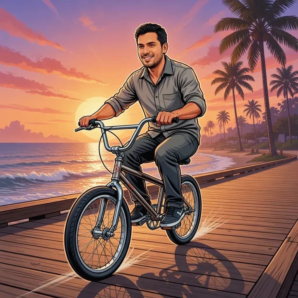 GTA-inspired AI artwork of a man riding a BMX bicycle along a beach boardwalk at sunset with palm trees and vibrant colors.