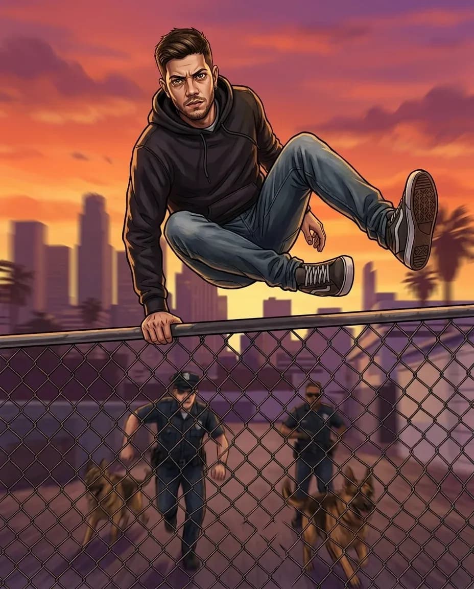 GTA-inspired AI artwork of a man jumping over a chain-link fence while escaping police officers in a cinematic pursuit scene.