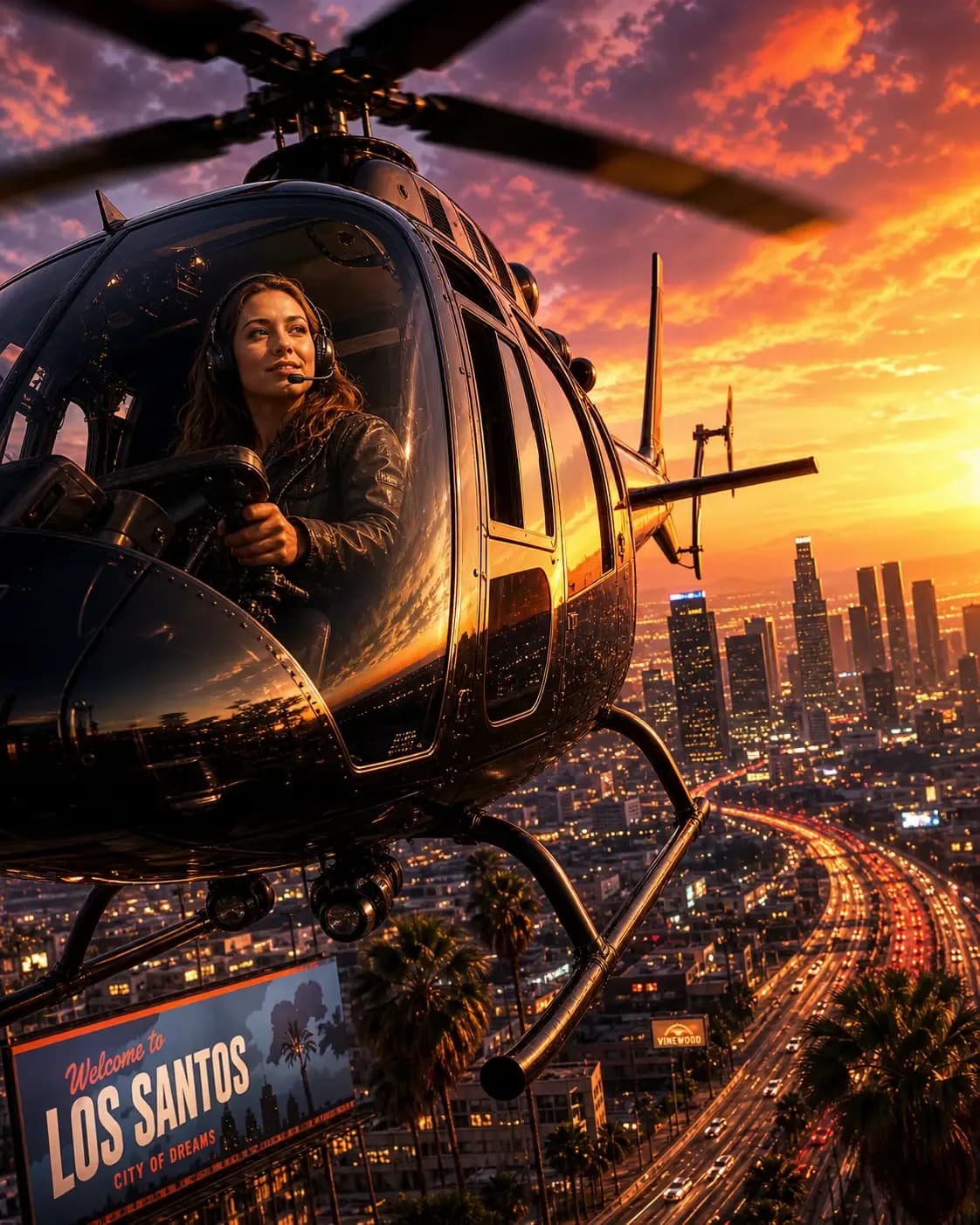 GTA-inspired AI artwork of a woman piloting a helicopter above a city skyline during sunset with cinematic lighting and motion blur.