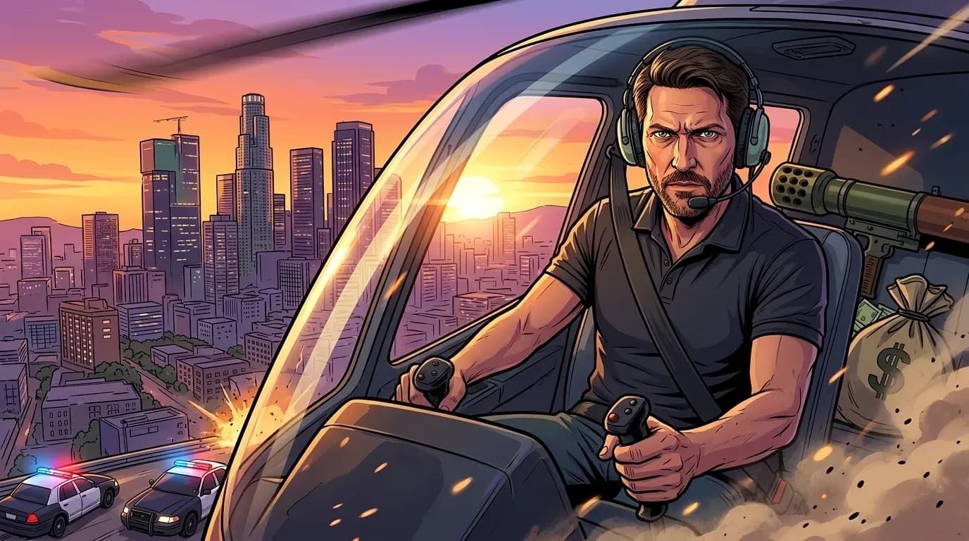 GTA-inspired AI artwork of a man piloting a helicopter above a glowing city skyline at sunset, featuring cinematic lighting, bold outlines, and a Rockstar-inspired illustration style.
