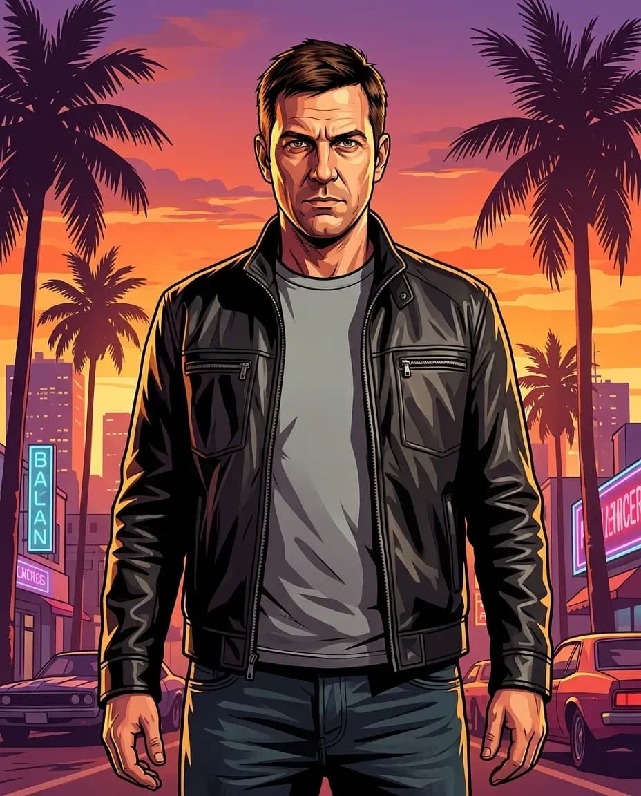 GTA-style hero poster featuring a serious man standing confidently against a vibrant sunset city skyline.
