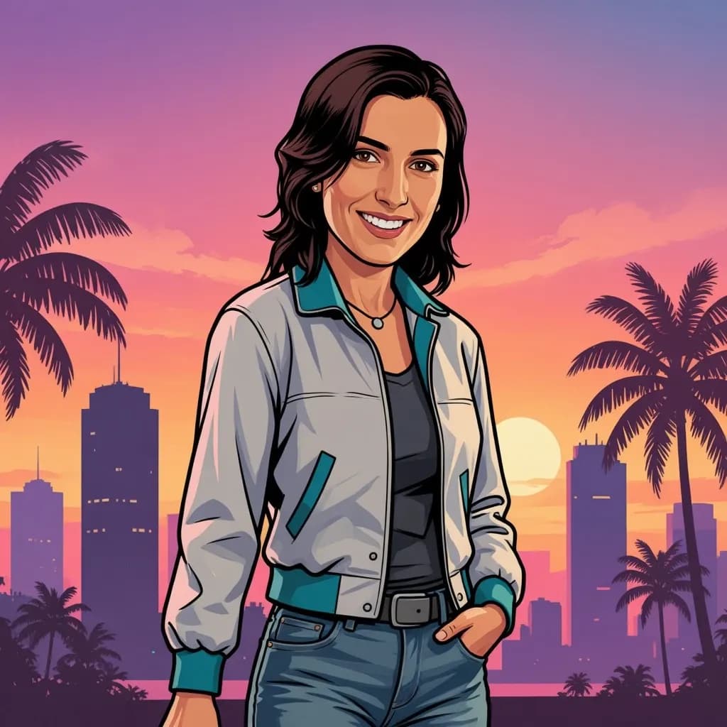 GTA-style AI portrait of a smiling woman standing in front of a sunset city skyline with bold comic-inspired outlines.
