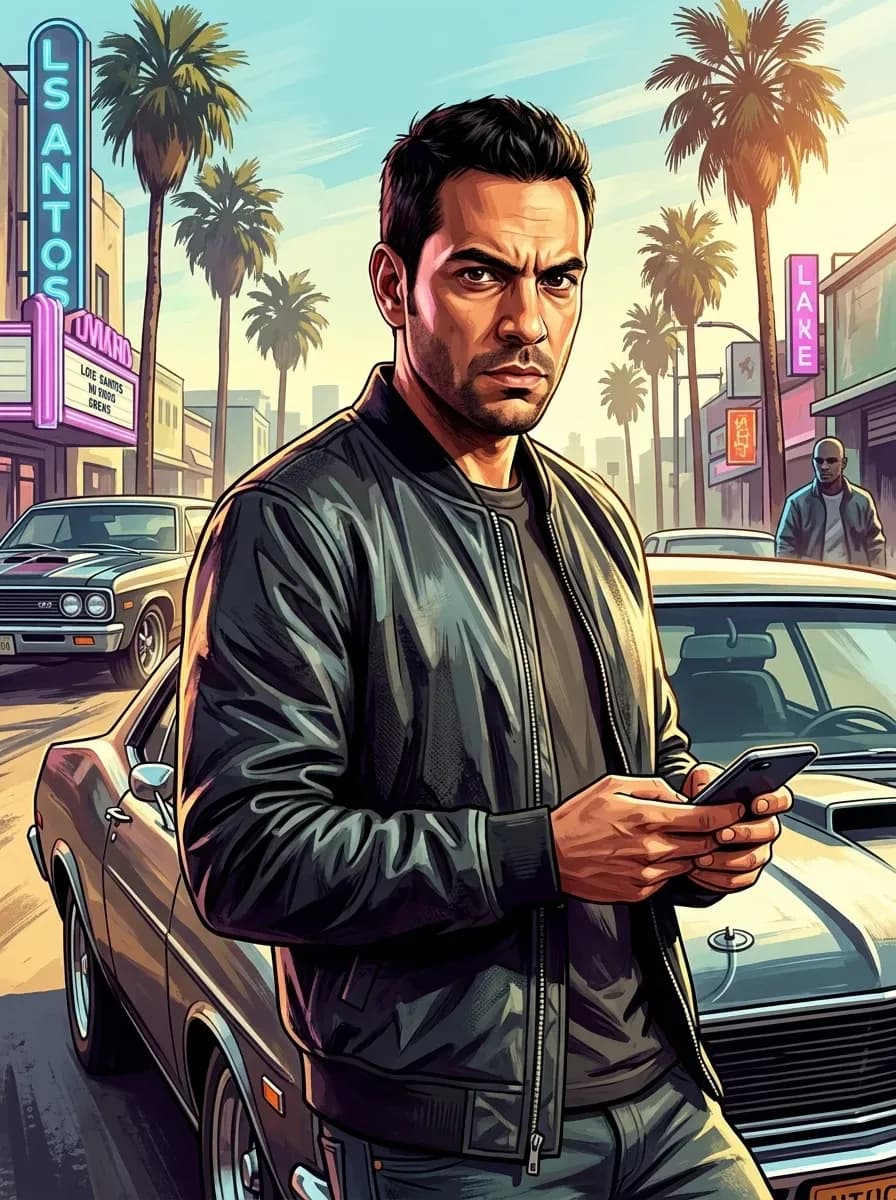 GTA-inspired AI artwork of a man standing beside a muscle car on a Los Santos-style street while holding a smartphone, featuring bold outlines and cinematic lighting.