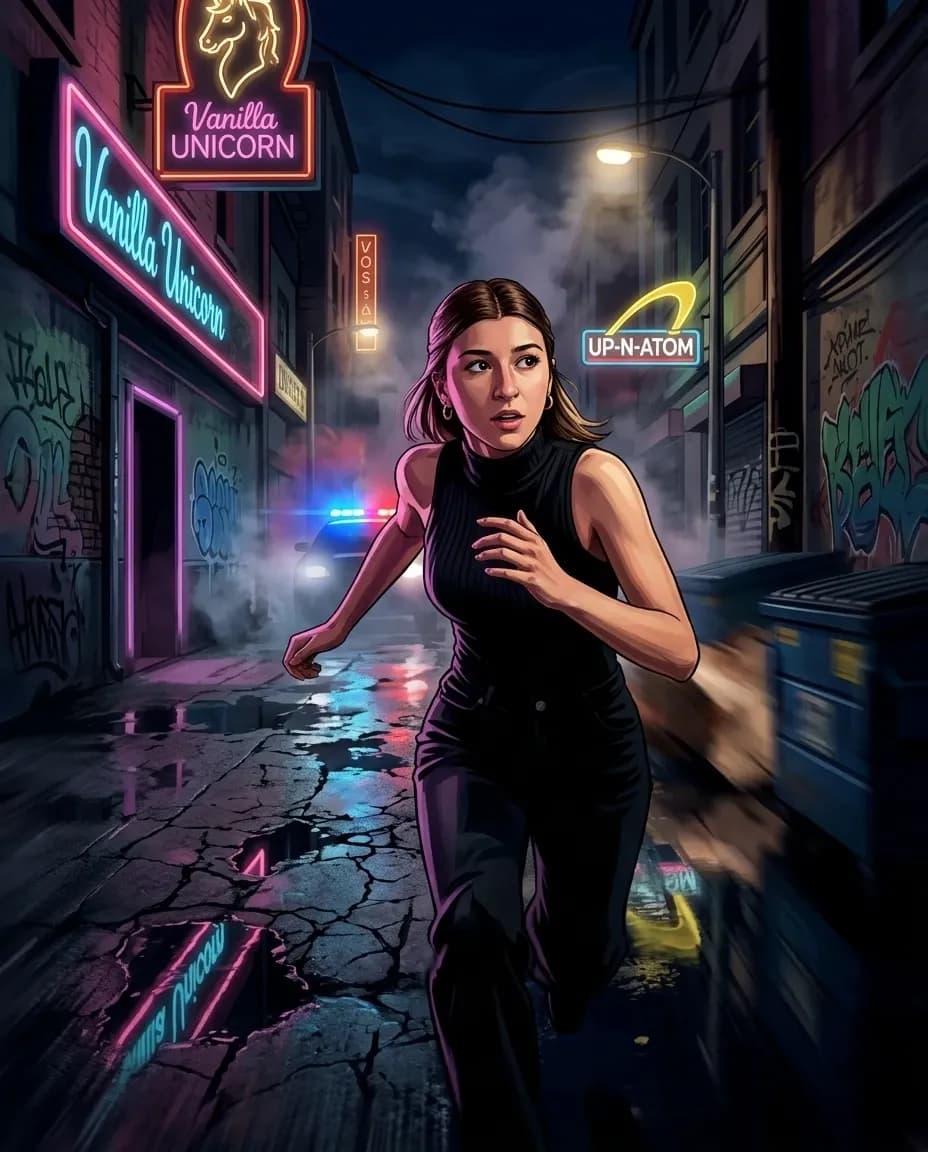 GTA-style AI image of a woman sprinting through a neon-lit alley at night with police lights, wet pavement, and dramatic action composition.